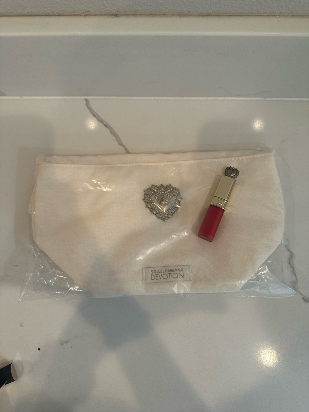 Dolce & Gabbana Devotion White Heart-Embellished Cosmetic Pouch and Liquid Lip